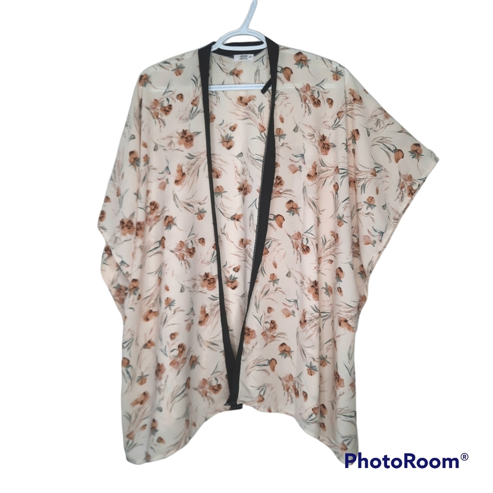 Ardene Tan Floral Kimono Cover Up Short Sleeve Black Contrast Trim Womens One Sz
